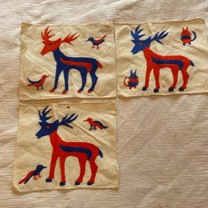 SET IF THREE PIECES Vintage Mexican Otomi embroidery art, deer, reindeer, cats